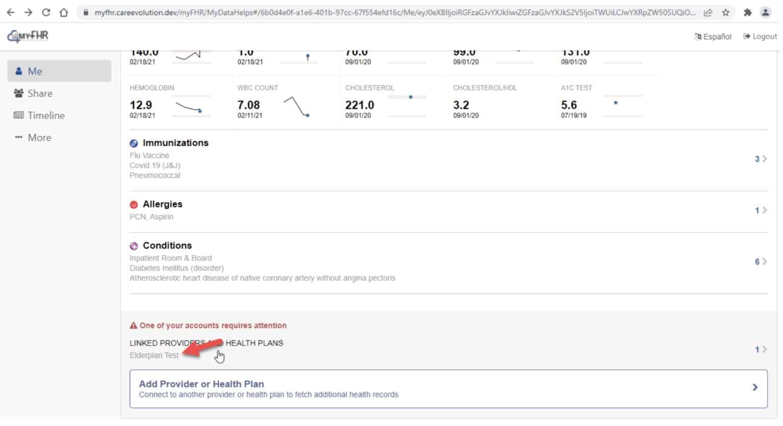 Screenshot of the myfhr.careevolution.com website Me page with lab results data, immunizations records, allergies, conditions and an arrow pointing at the linked plan data